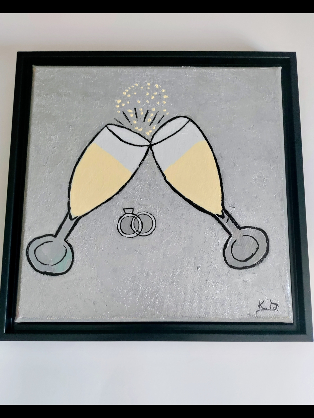 Champagne Toast Wedding Art Painting in Cream and Silver